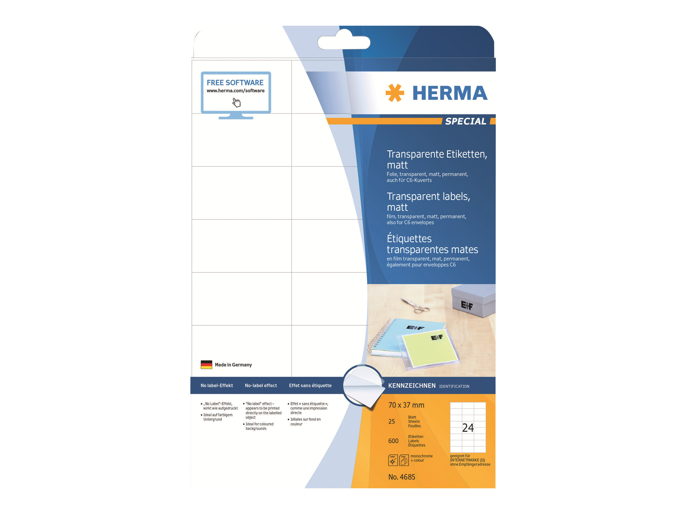 600 HERMA Folienetiketten 4685 transparent 70,0 x 37,0 mm 600 HERMA Folienetiketten 4685 transparent 70,0 x 37,0 mm