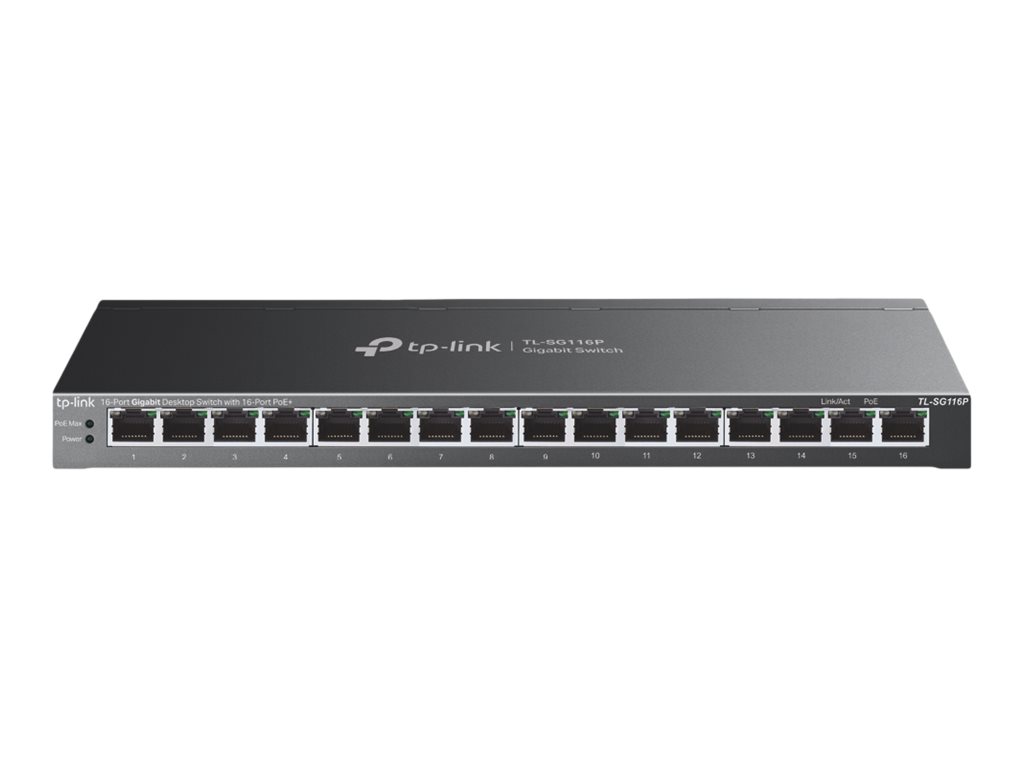 TP-LINK TL-SG116P 16-Port Gigabit Desktop Switch 16x Gigabit PoE+ Ports 802.3at/af 120W PoE Power Desktop Steel Case TP-LINK TL-SG116P 16-Port Gigabit Desktop Switch 16x Gigabit PoE+ Ports 802.3at/af 120W PoE Power Desktop Steel Case