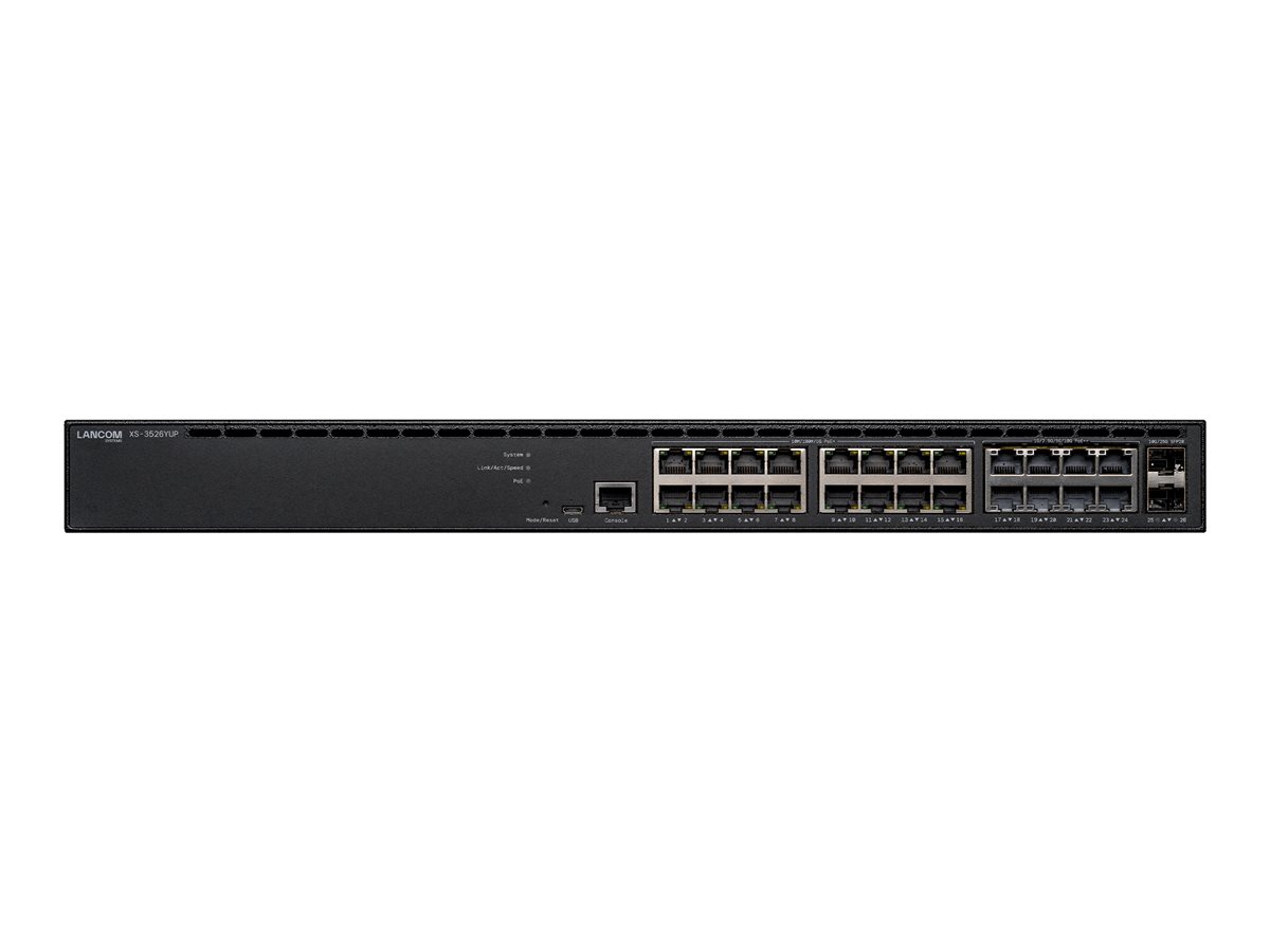 LANCOM XS-3526YUP Managed L3-Lite multi-gigabit PoE++ access switch 16x 1GE PoE+ 802.3at 8x 10GE PoE++ 802.3bt type 4 2x 25G SFP28 LANCOM XS-3526YUP Managed L3-Lite multi-gigabit PoE++ access switch 16x 1GE PoE+ 802.3at 8x 10GE PoE++ 802.3bt type 4 2x 25G SFP28