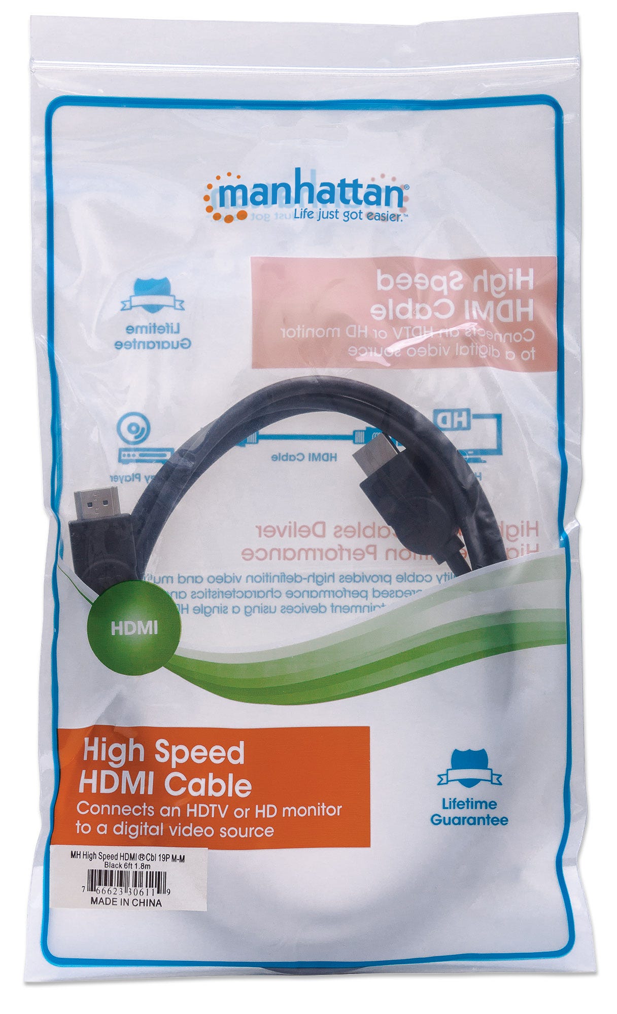 MANHATTAN High Speed HDMIKabel ARC 3D 4K30Hz HDMIStecker auf HDMIStecker geschirmt schwarz 1,8m