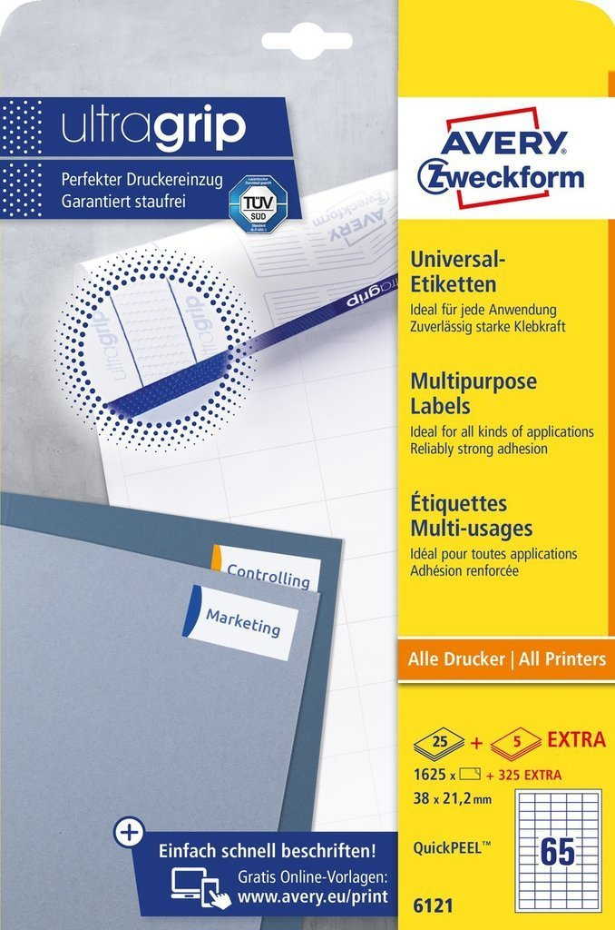 1.950 AVERY Zweckform Etiketten 6121 weiÃ 38,0 x 21,2 mm