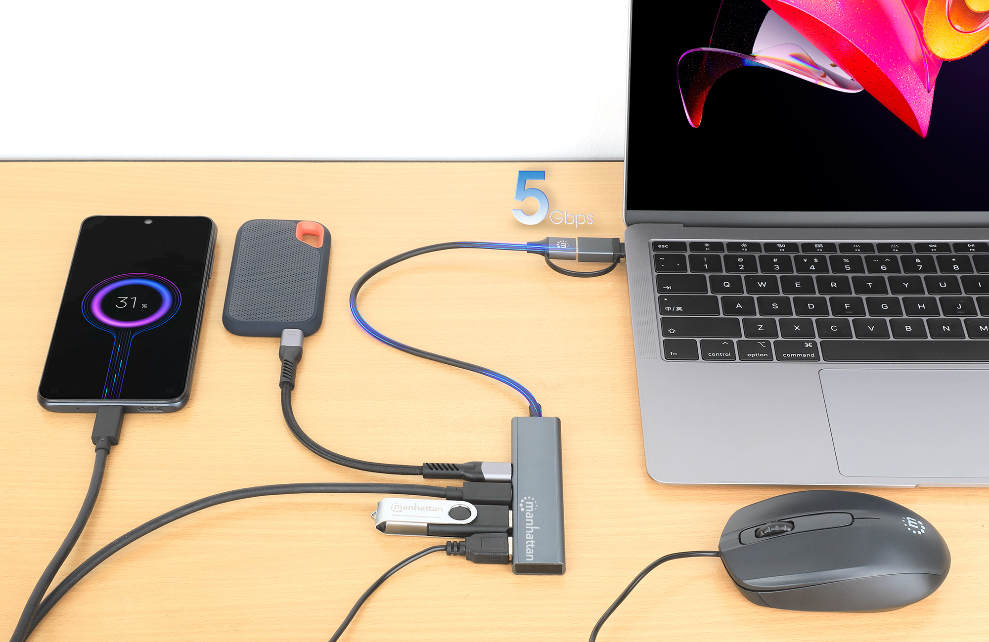 MANHATTAN 4Port USB 30 TypC TypA KomboHub USBCund USBAStecker auf zwei USBCPorts und zwei USBAPorts Strom ueber USB