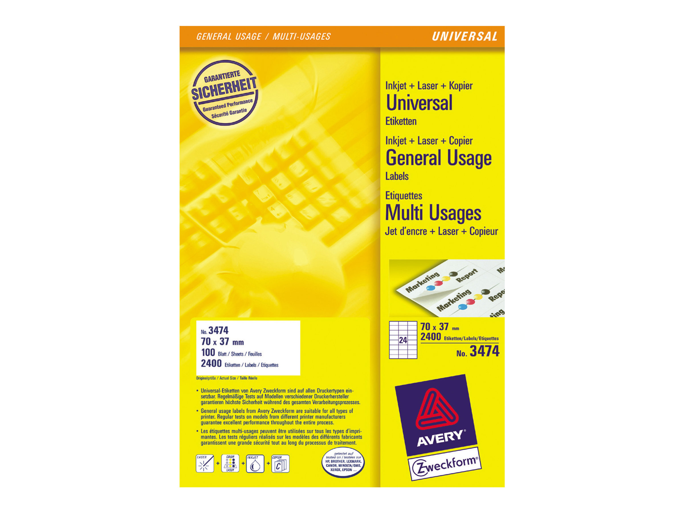 2.400 AVERY Zweckform Etiketten 3474 weiss 70,0 x 37,0 mm 2.400 AVERY Zweckform Etiketten 3474 weiss 70,0 x 37,0 mm