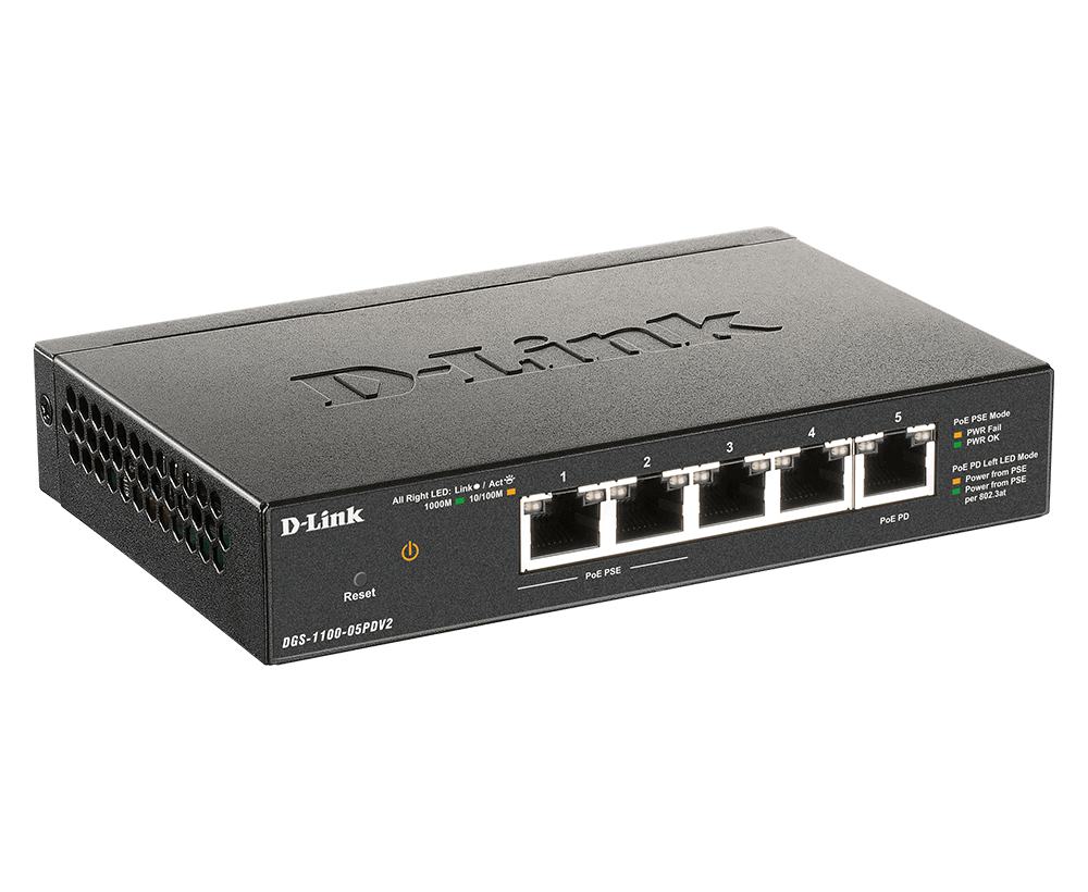 DLINK DGS110005PDV2 5Port Gigabit PoEpowered PoE Smart Switch 5x 101001000Mbits 1x PD Port 2x 8023af Port ohne Netzteil