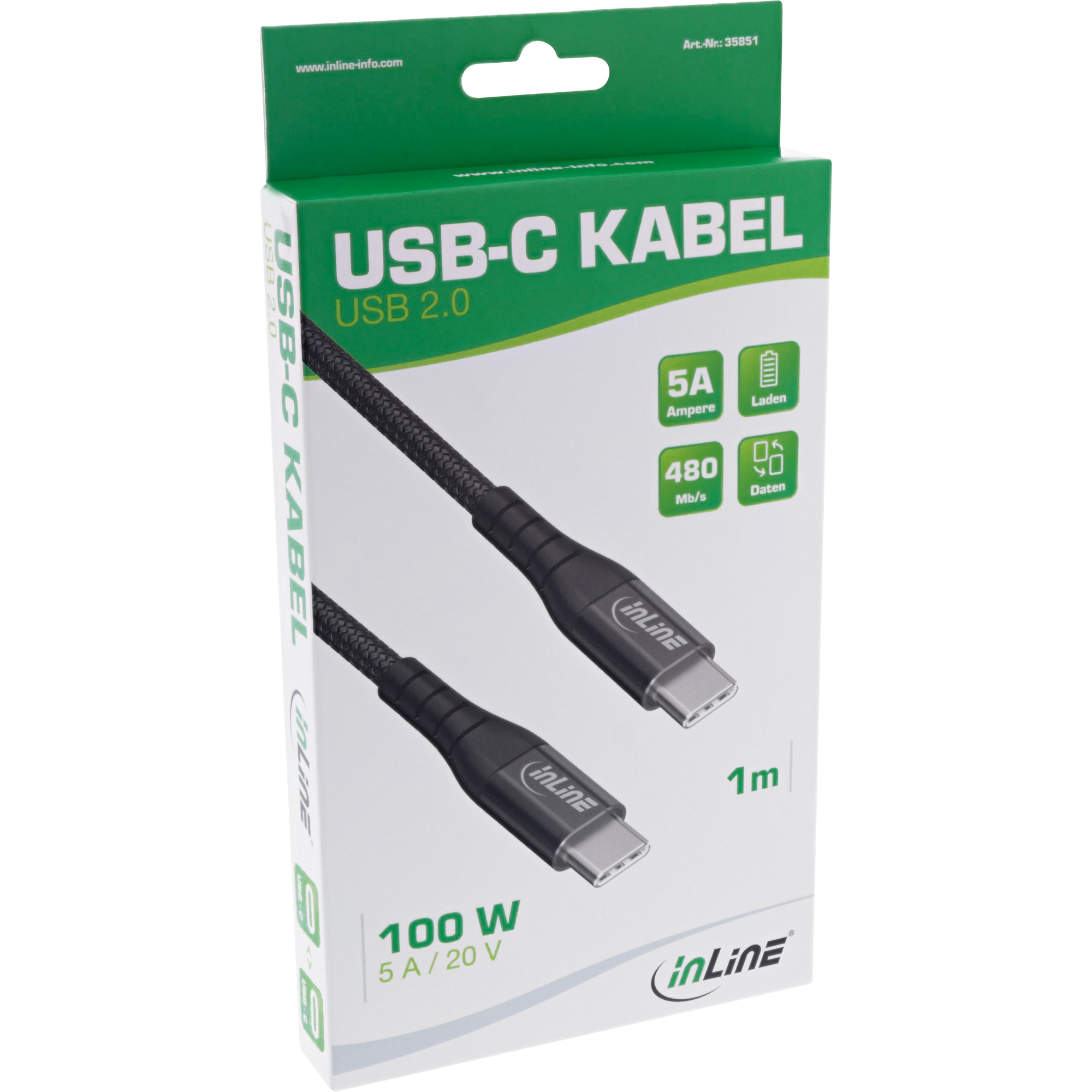 INLINE USB 20 Kabel USBC SteckerStecker Schnellladekabel 100W textil schwarz 1m