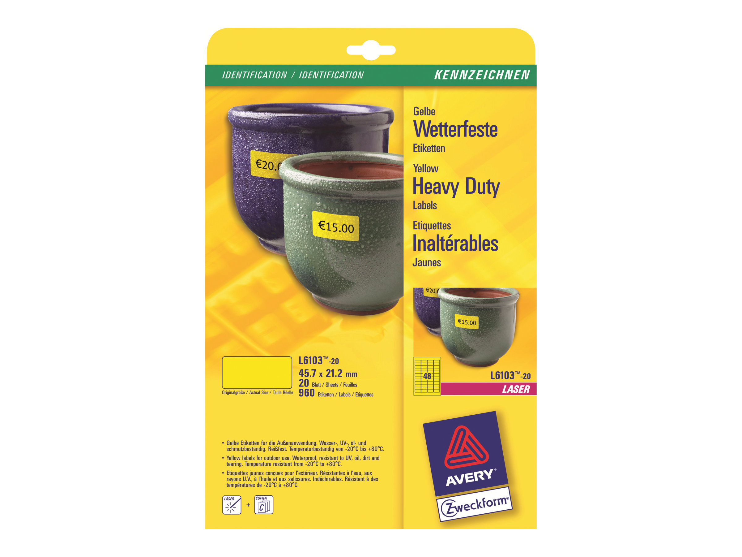 960 AVERY Zweckform wetterfeste Folienetiketten L6103-20 gelb 45,7 x 21,2 mm 960 AVERY Zweckform wetterfeste Folienetiketten L6103-20 gelb 45,7 x 21,2 mm