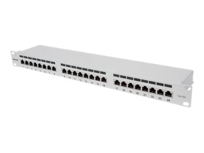 24-Port Cat6a Patchpanel geschirmt 24 Ports FTP 1 HE Klemmleisten mit 90 Grad abgewinkelten Kabeleinfuehrungen grau