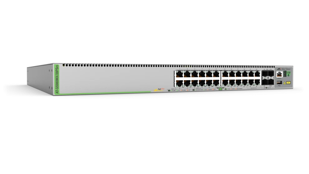 ALLIED L3 Stackable Switch 20x 101001000T PoE 4x 100M1G25G5GT PoE 4x SFP Ports single fixed PSU EU Power Cord