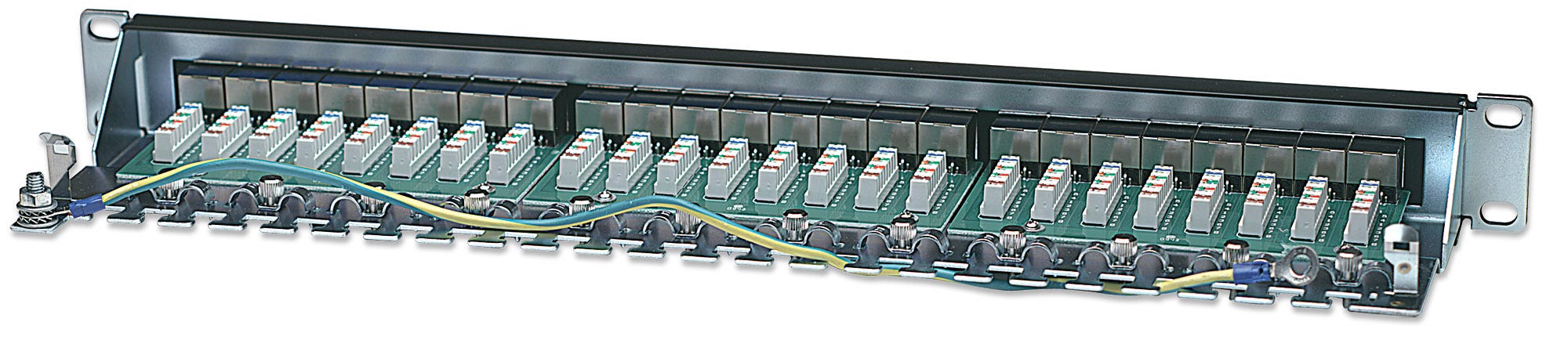 INTELLINET Cat6 Patchpanel geschirmt 24 Ports FTP 1 HE Klemmleisten mit 90 Grad abgewinkelten Kabeleinfuehrungen