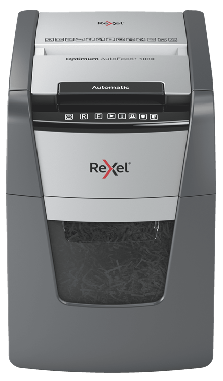 Rexel Optimum AutoFeed100X Aktenvernichter mit Partikelschnitt P4, 4 x 28 mm, bis 100 Blatt, schwarz