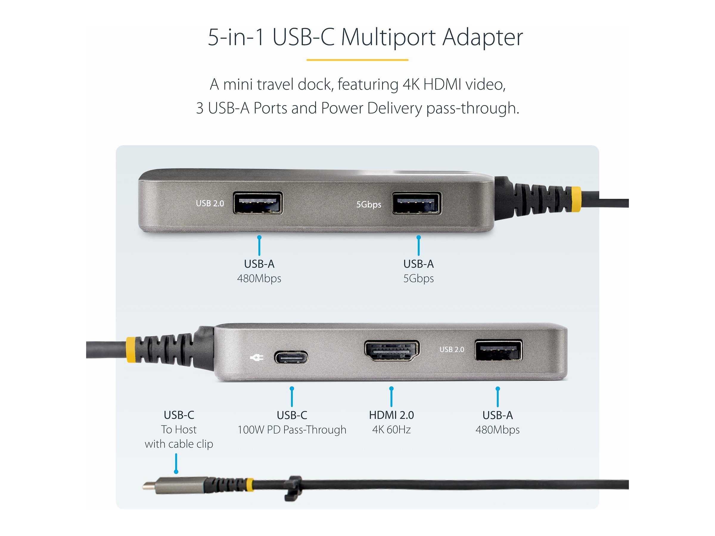 StarTech.com USB-C Multiport Adapter, 4K 60Hz HDMI, HDR, 3-Port USB Hub, 100W Power Delivery Pass-Through, USB Type C Mini Docking Station, Certified Works with Chromebook - Windows, macOS, iPadOS, Android (104B-USBC-MULTIPORT) - Dockingstation - USB-C /