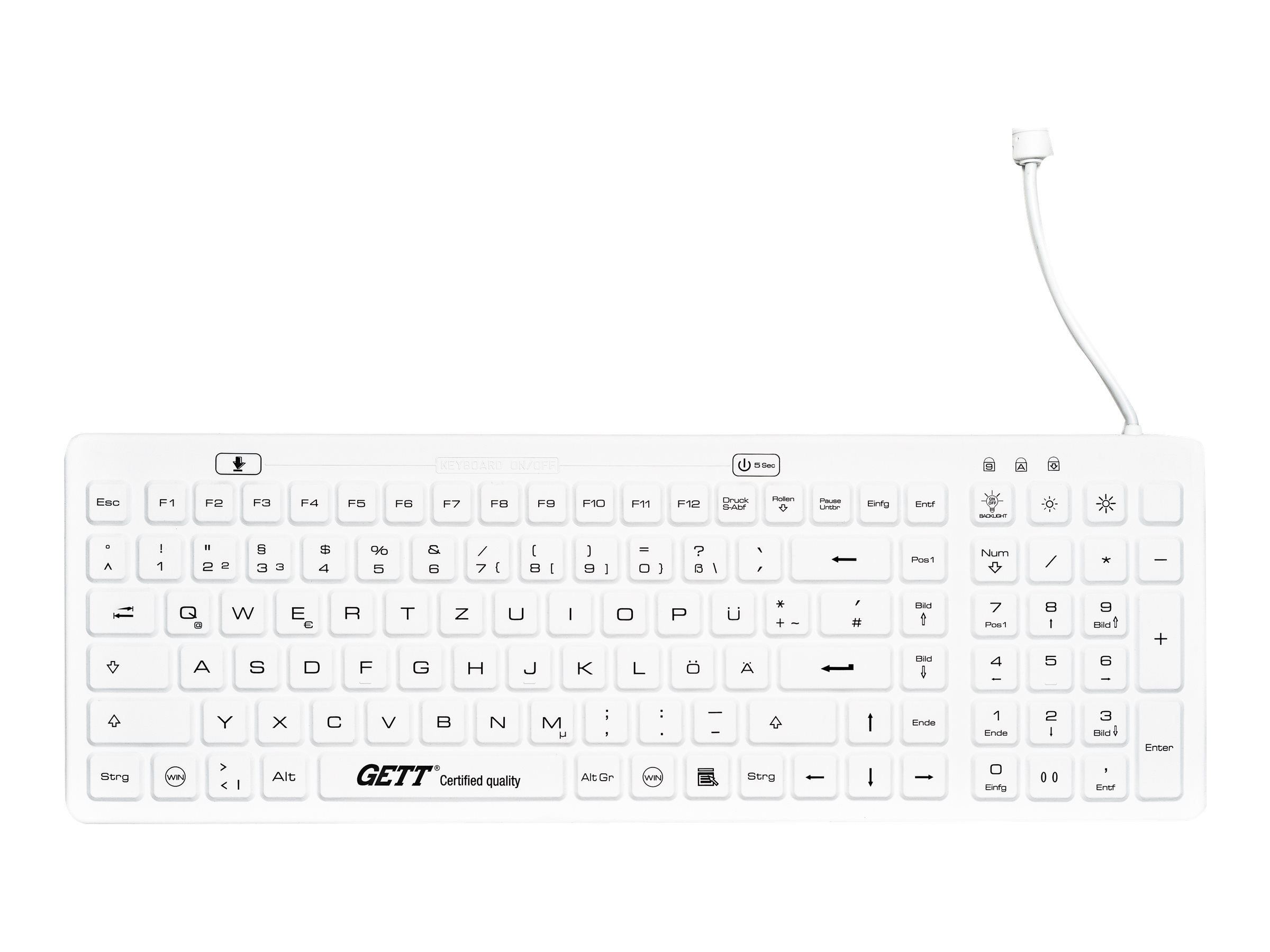 GETT GCQ MED Silikon Tastatur IP68 beleuchtete Tasten USB Farbe weiss Layout DE GETT GCQ MED Silikon Tastatur IP68 beleuchtete Tasten USB Farbe weiss Layout DE