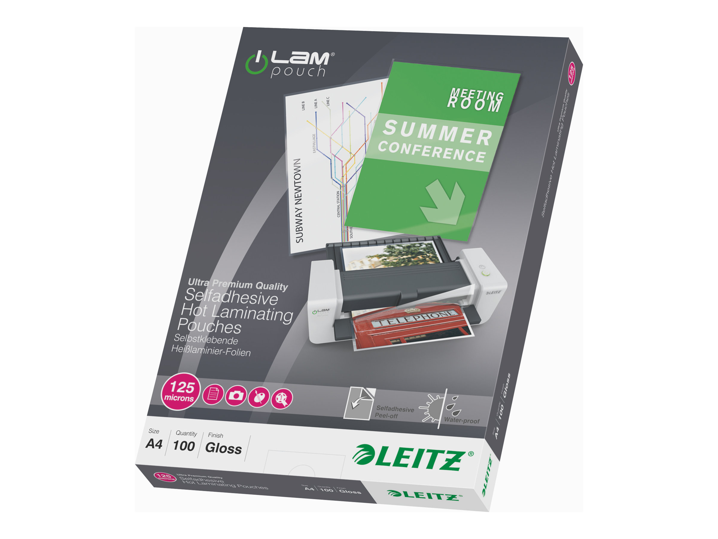 100 LEITZ Laminierfolien glaenzend fuer A4 125 micron selbstklebender Ruecken 100 LEITZ Laminierfolien glaenzend fuer A4 125 micron selbstklebender Ruecken