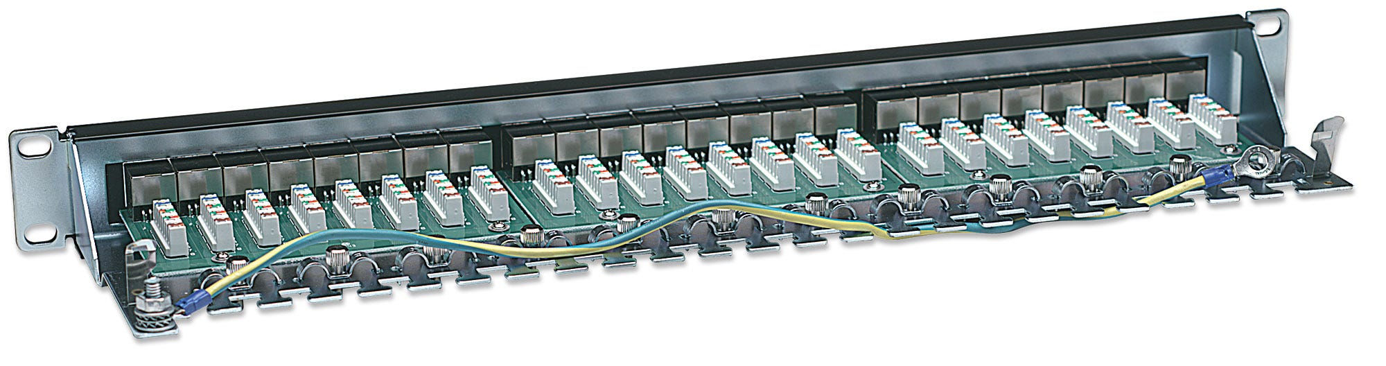 INTELLINET Cat6 Patchpanel geschirmt 24 Ports FTP 1 HE Klemmleisten mit 90 Grad abgewinkelten Kabeleinfuehrungen