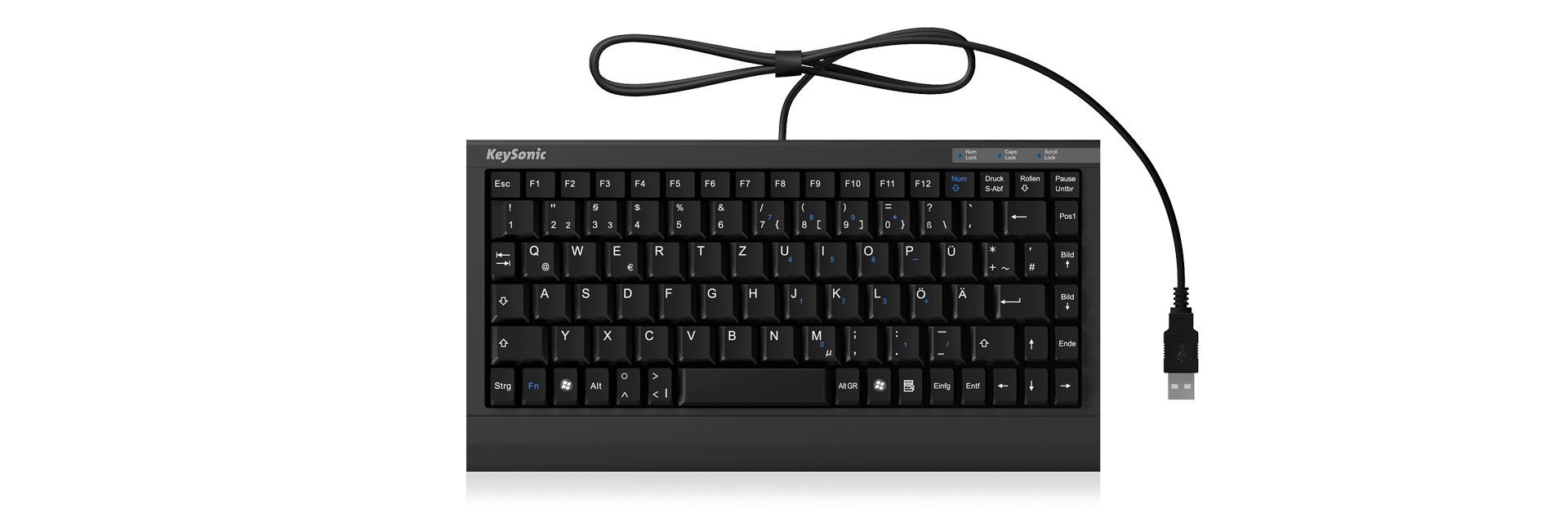 KEYSONIC ACK-595C+  Mini-Tastatur schwarz in flacher Bauform geringe Abmessungen Soft-Touch-Membrantechnologie Status-LEDs (DE)