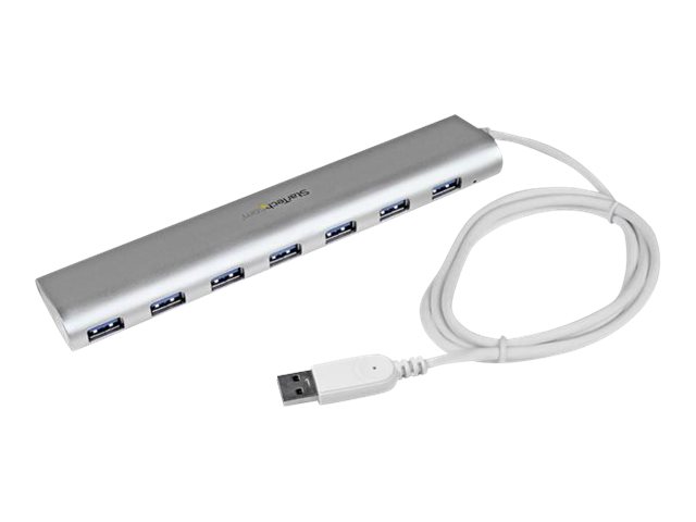StarTech.com 7 Port kompakter USB 3.0 Hub mit eingebautem Kabel - Aluminium USB Hub - Silber - USB-Umschalter für die gemeinsame Nutzung von Peripheriegeräten - 7 Anschlüsse