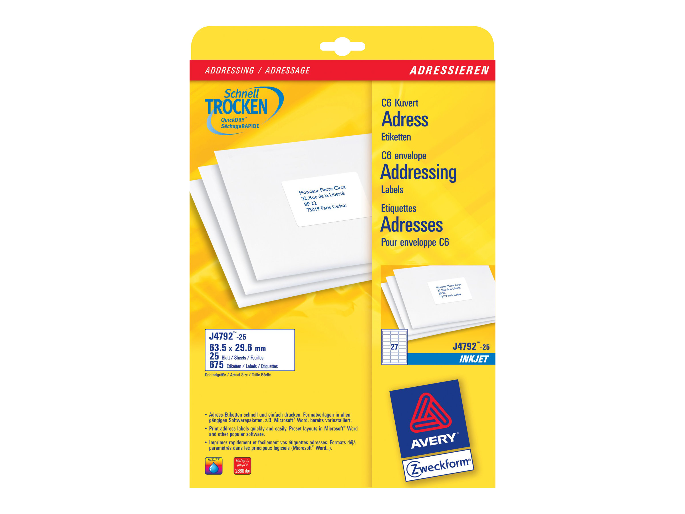 675 AVERY Zweckform Adressetiketten J4792-25 weiss 63,5 x 29,6 mm 675 AVERY Zweckform Adressetiketten J4792-25 weiss 63,5 x 29,6 mm