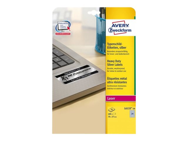 480 AVERY Zweckform Typenschildetiketten L6133-20 silber 70,0 x 37,0 mm