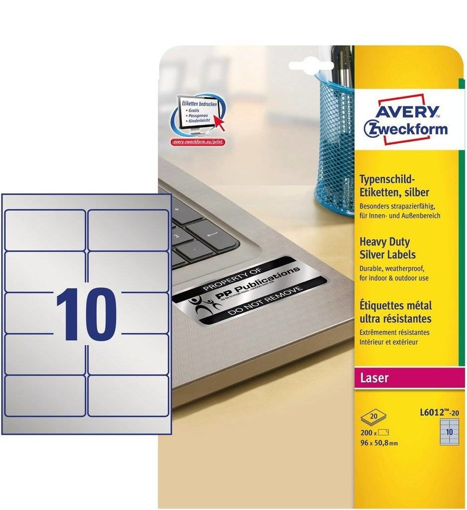 200 AVERY Zweckform Typenschildetiketten L6012-20 silber 96,0 x 50,8 mm