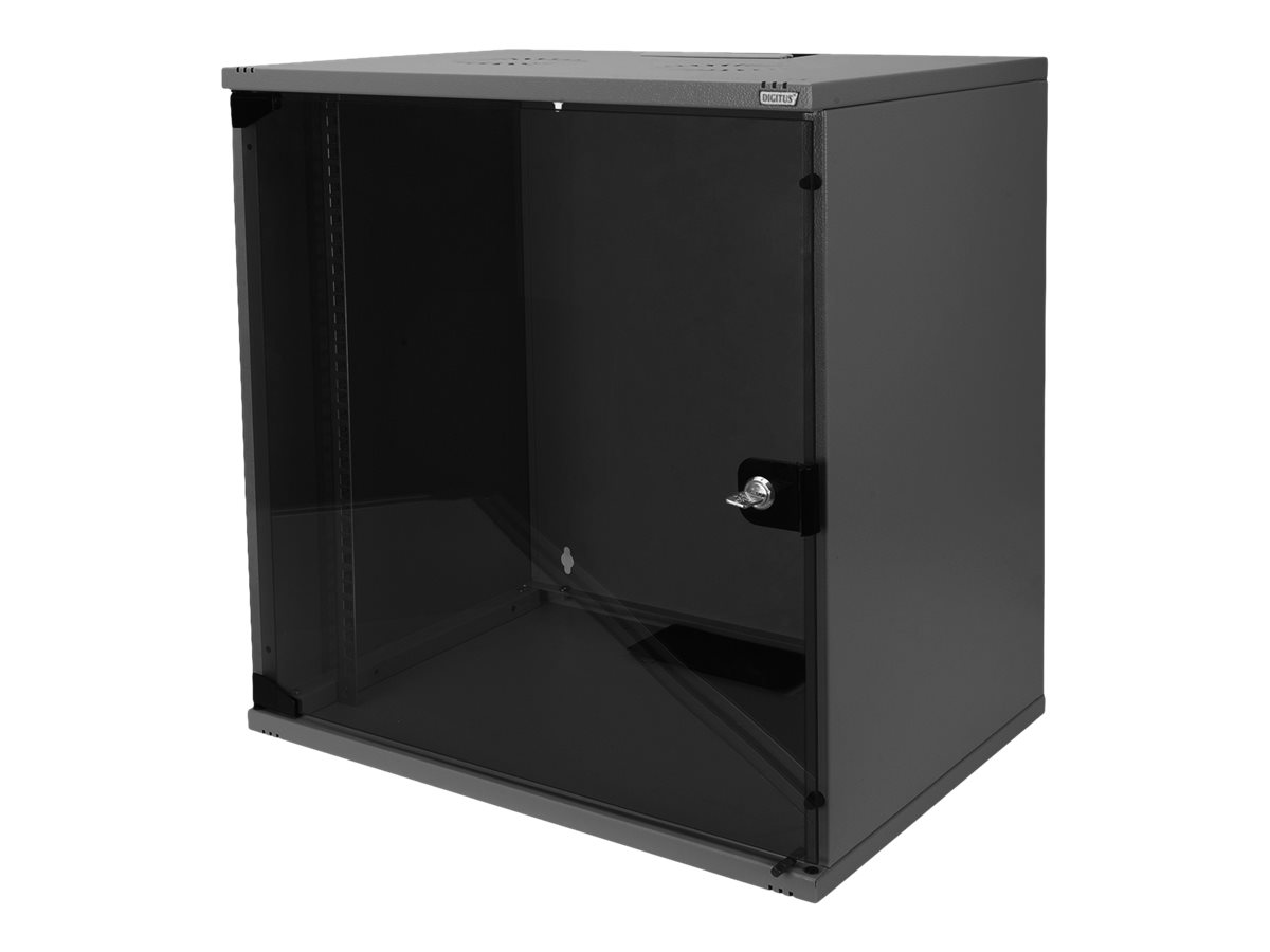 DIGITUS 12U wall mounting cabinet SoHo unmounted 595x540x400mm glass front door black RAL 9005