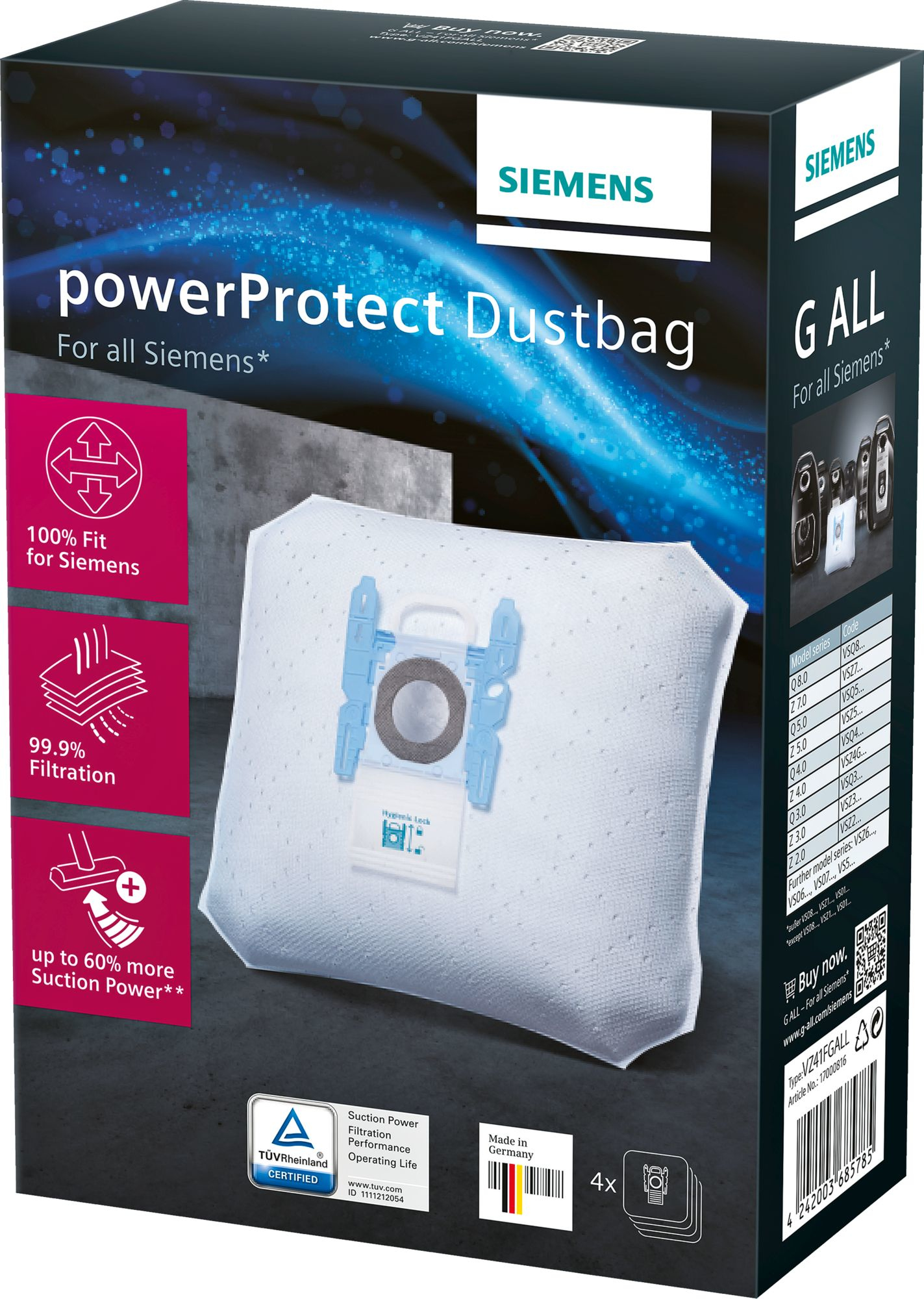 Siemens VZ41FGALL Staubsaugerbeutel PowerProtect (Type G All, außer VS01)