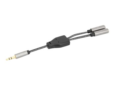 MANHATTAN Kopfhörer Y-Kabel mit Aux 3,5mm Klinkenstecker auf 2 x Buchse 15cm vergoldete Kontakte geflochtenes Nylon schwarz/silber
