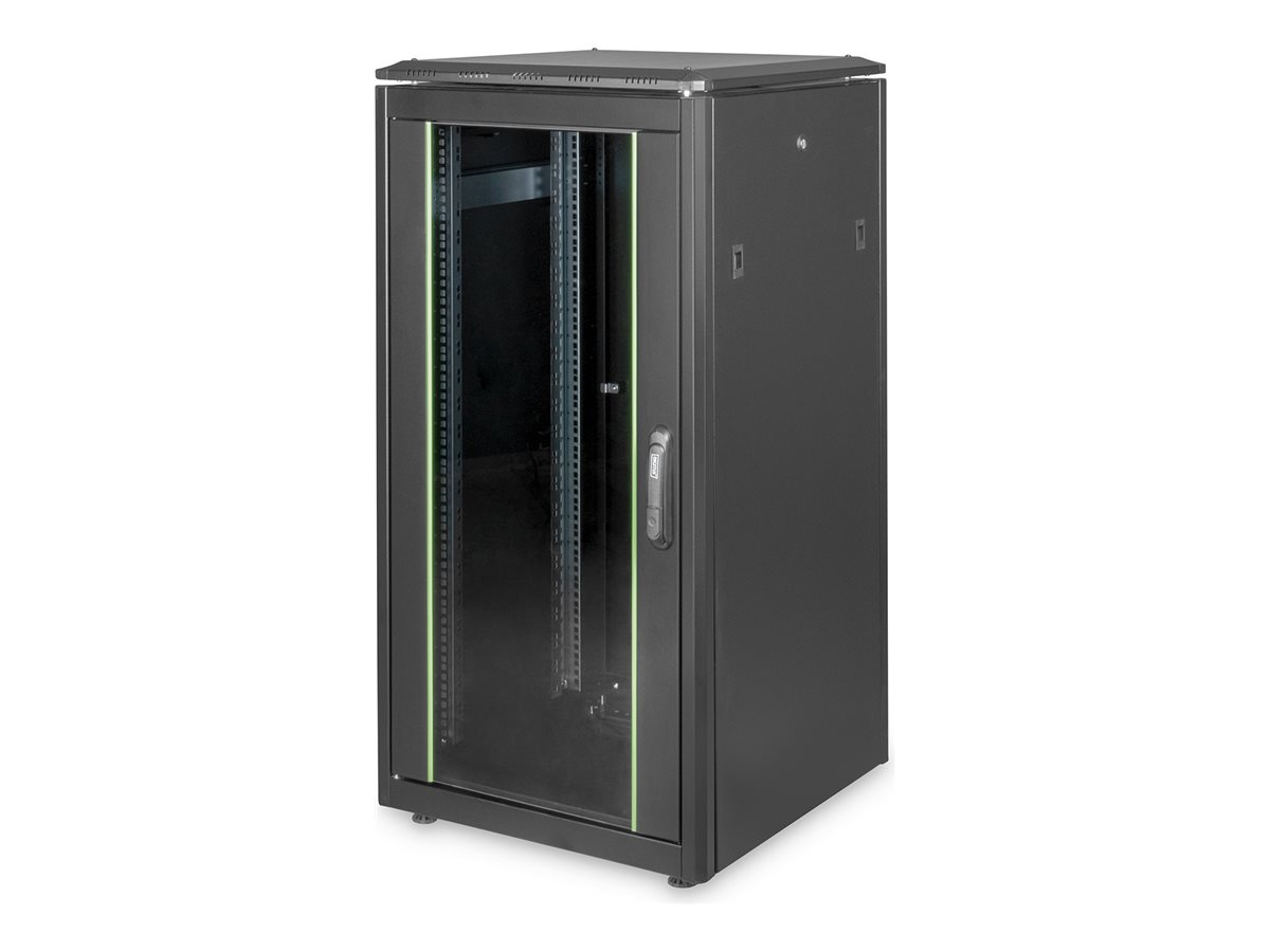 DIGITUS Netzwerkschrank 48,3cm 19Zoll 22HE H1164mmxB600mmxT600mm schwarz RAL 9005 mit Glastuer inkl.28xSchrauben-set bis 600KG IP40