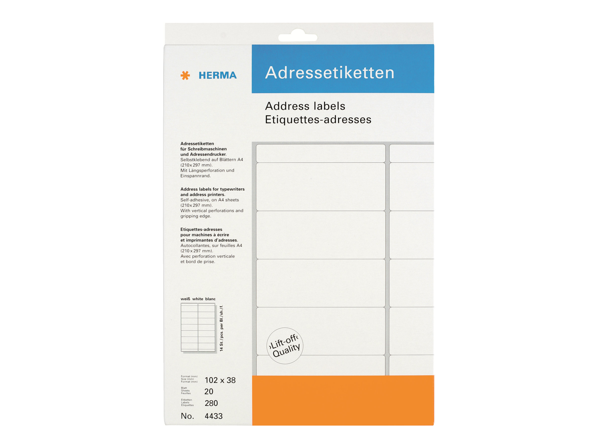 280 HERMA Adressetiketten 4433 weiss 102,0 x 38,0 mm 280 HERMA Adressetiketten 4433 weiss 102,0 x 38,0 mm