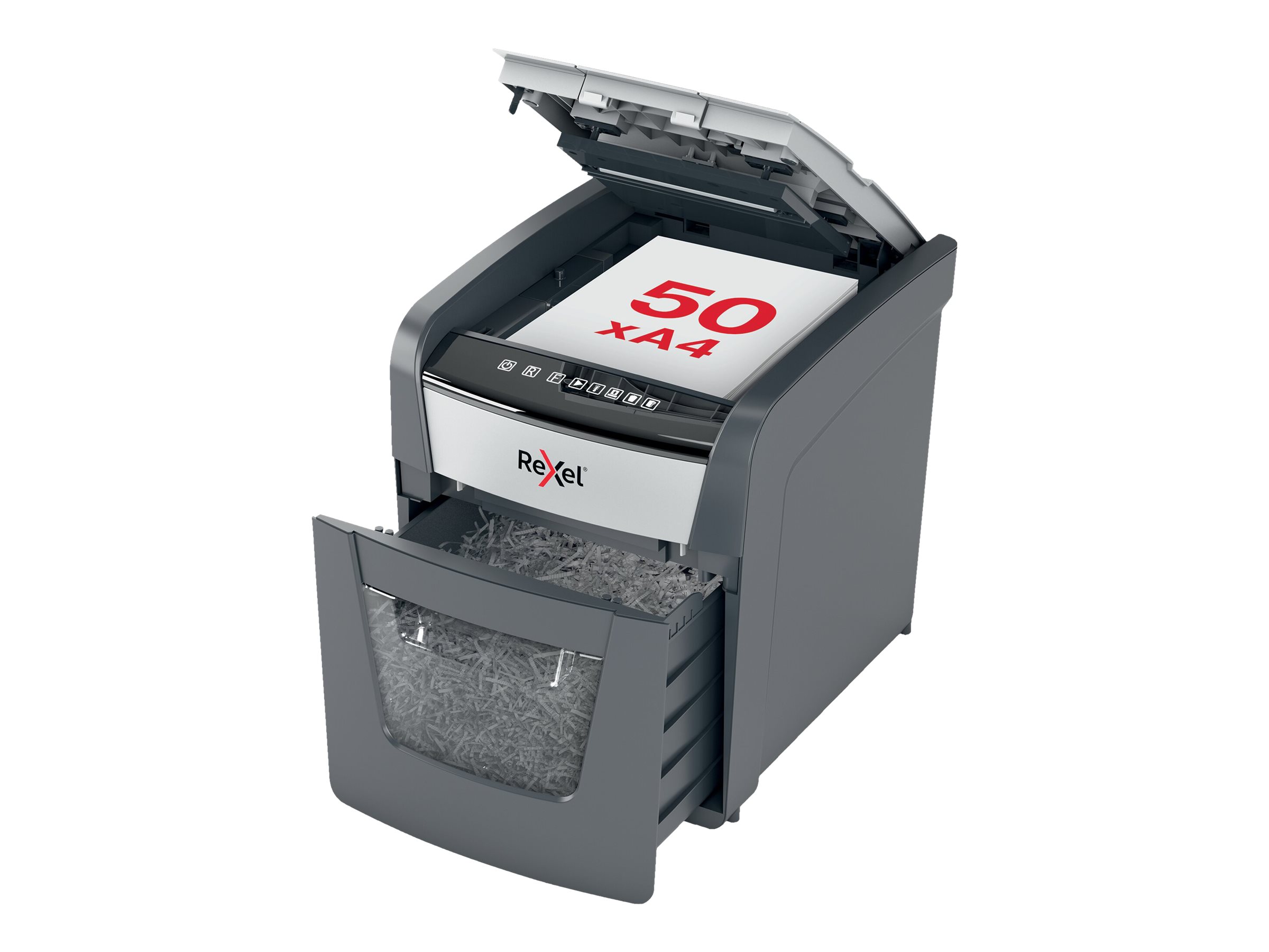Rexel Optimum AutoFeed+ 50X Aktenvernichter mit Partikelschnitt P-4, 4 x 28 mm, bis 50 Blatt, schwarz
