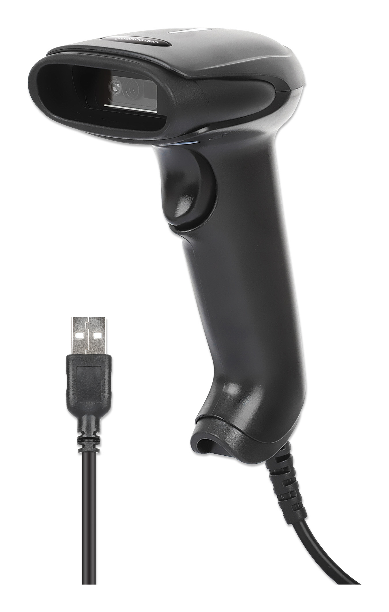 MANHATTAN 2D LEDBarcodescanner 320 mm Scanreichweite integriertes 1,4 m USBAKabel 100 ScansSekunde 100K Lux Handscanner schwarz