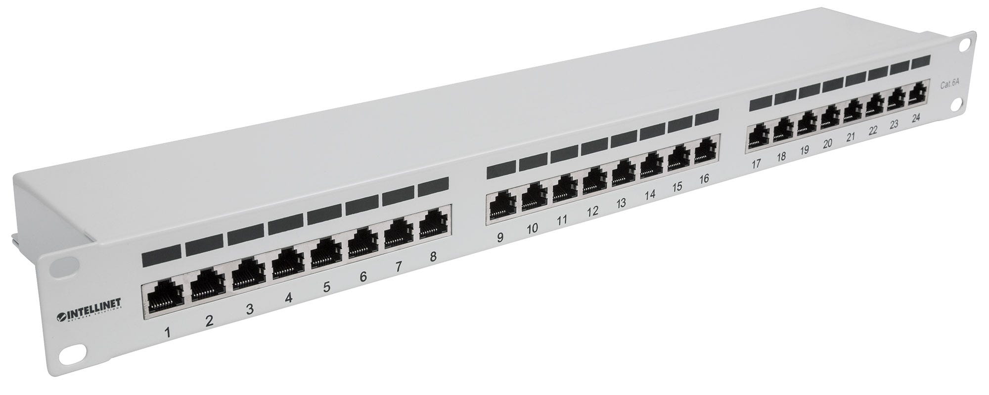INTELLINET 24Port Cat6a Patchpanel geschirmt 24 Ports FTP 1 HE Klemmleisten mit 90 Grad abgewinkelten Kabeleinfuehrungen grau