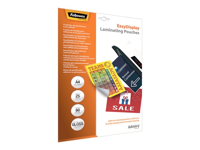 25 Fellowes Admire EasyDisplay Laminierfolien glaenzend fuer A4 80 micron selbstklebender Ruecken 25 Fellowes Admire EasyDisplay Laminierfolien glaenzend fuer A4 80 micron selbstklebender Ruecken