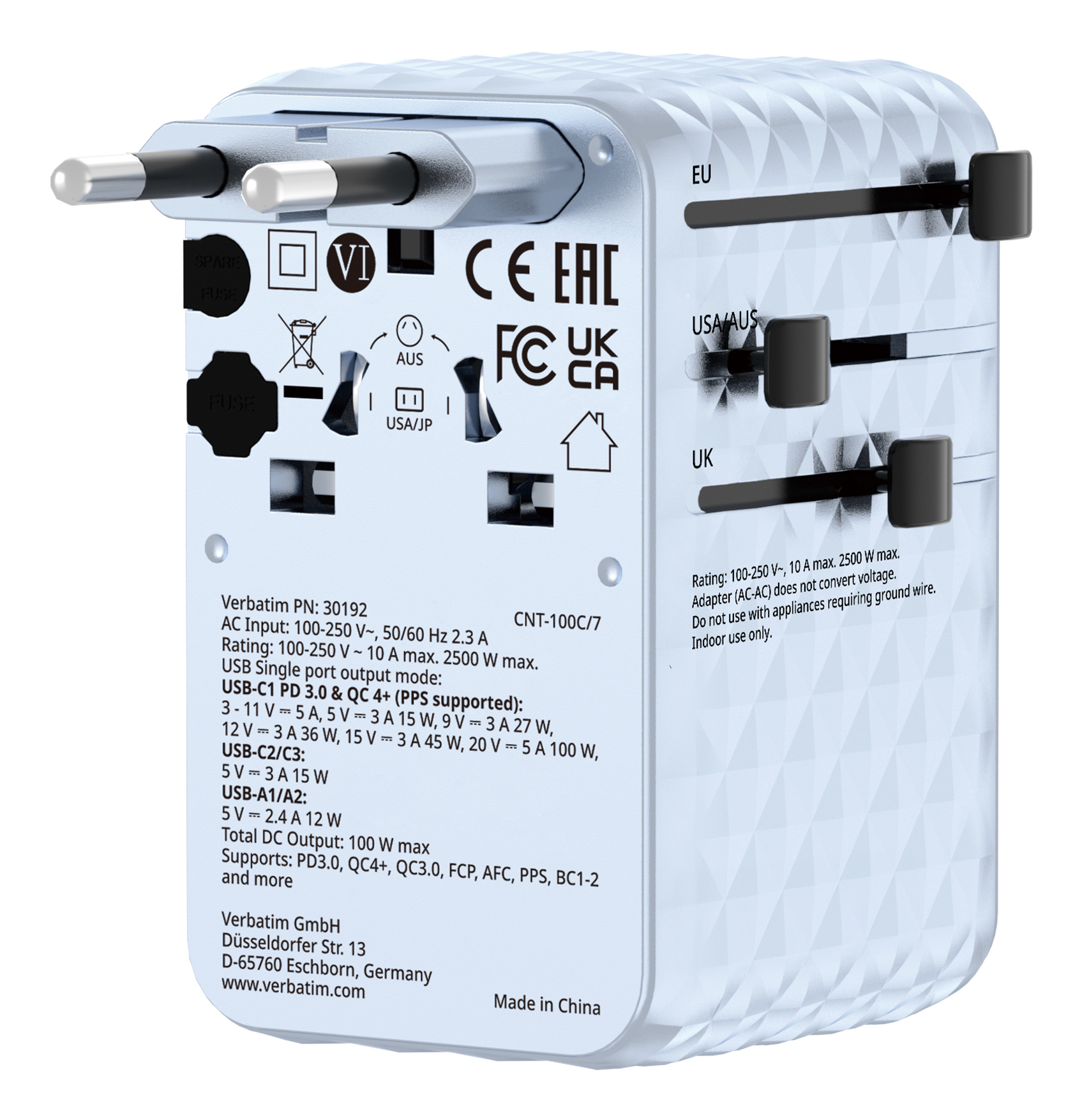 Verbatim ChargenTravel Adapter 100W retractable blue
