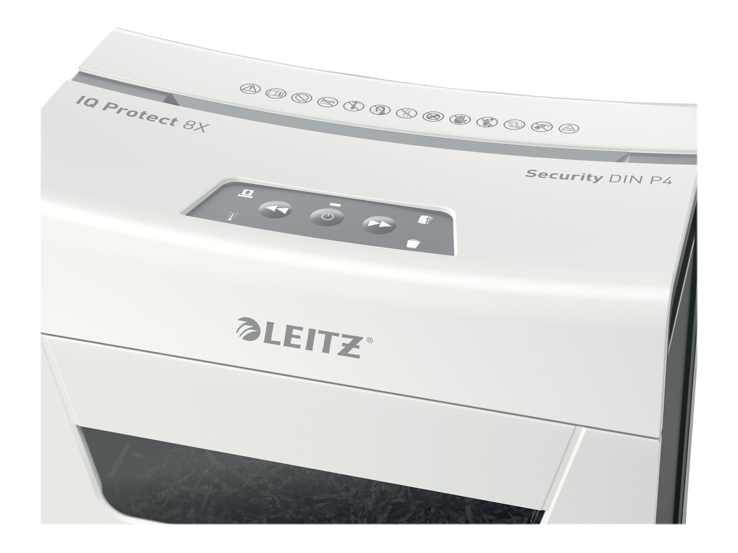 LEITZ IQ 8X Protect Premium Aktenvernichter mit Partikelschnitt P-4, 4 x 40 mm, bis 8 Blatt, weiss