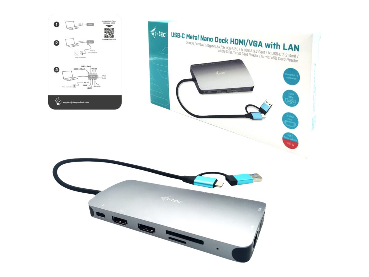 I-TEC USB-C Metal Nano Dock 2xHDMI 1xVGA 1xSD Kartenleser 1xmicroSD Kartenleser 1xGLAN 3xUSB 2.0 1xUSB 3.2 1xUSB-C3.2Data 1xUSB-C PD I-TEC USB-C Metal Nano Dock 2xHDMI 1xVGA 1xSD Kartenleser 1xmicroSD Kartenleser 1xGLAN 3xUSB 2.0 1xUSB 3.2 1xUSB-C3.2Data 1xUSB-C PD