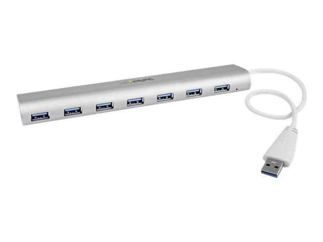 StarTech.com 7 Port kompakter USB 3.0 Hub mit eingebautem Kabel - Aluminium USB Hub - Silber - USB-Umschalter für die gemeinsame Nutzung von Peripheriegeräten - 7 Anschlüsse
