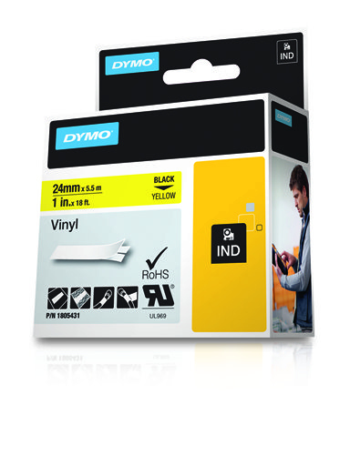 Dymo Rhino-Industrie-Vinyletiketten, 24 mm x 5,5 m, schwarz auf gelb