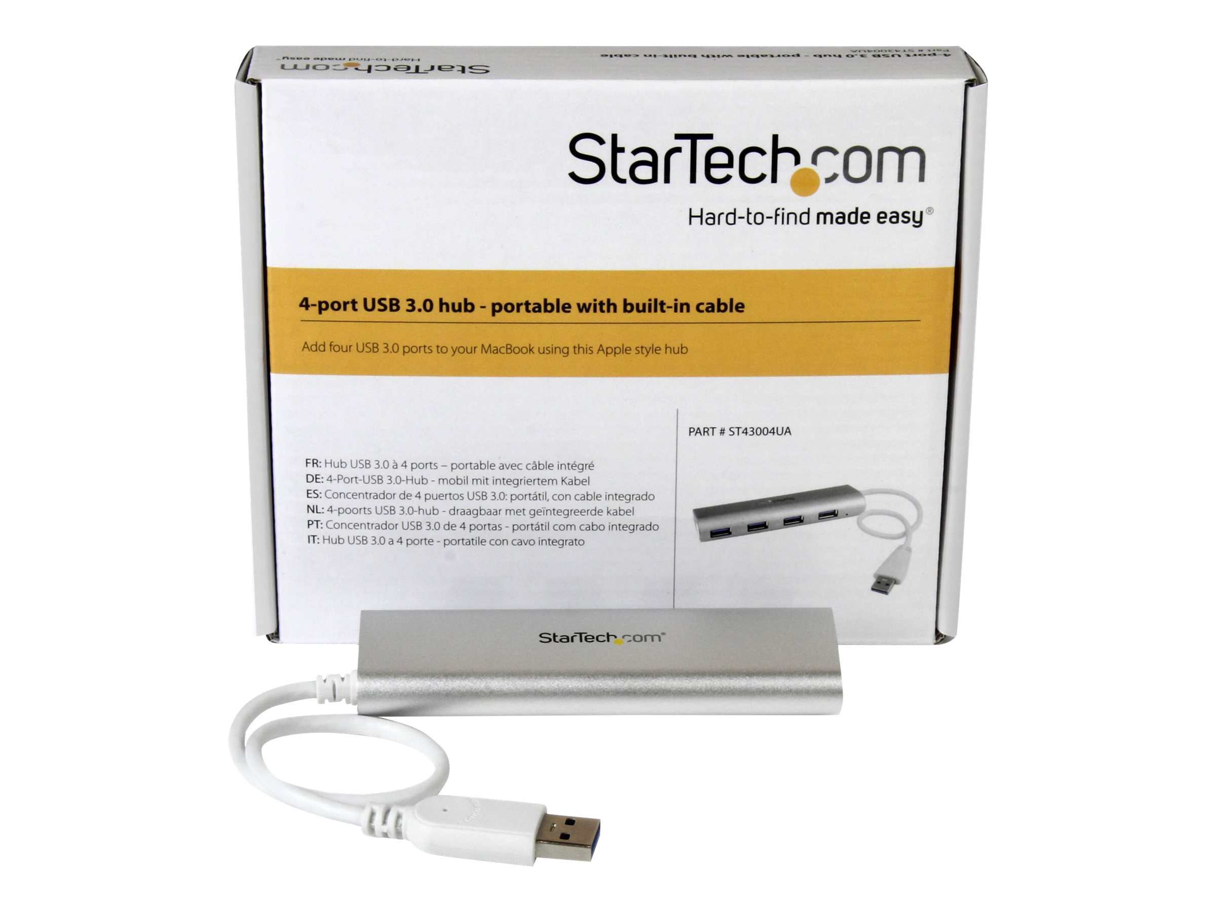 StarTech.com 4 Port kompakter USB 3.0 Hub mit eingebautem Kabel - Aluminium USB Hub - Silber - Hub - 4 Anschlüsse