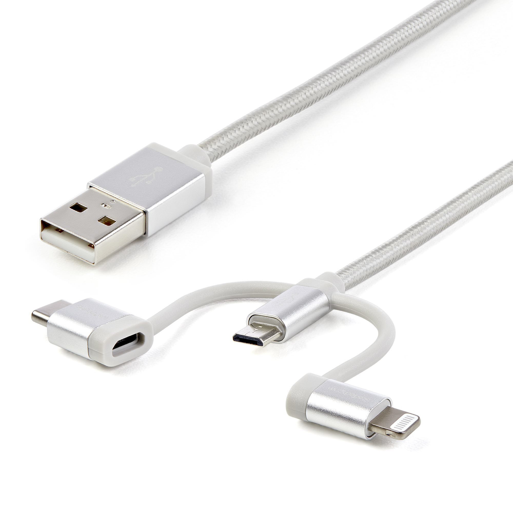 STARTECHCOM USB Lightning Kabel USBC MicroB Laddekabel 1m geflochten Silber USB auf Lightning Kabel USB zu USB C