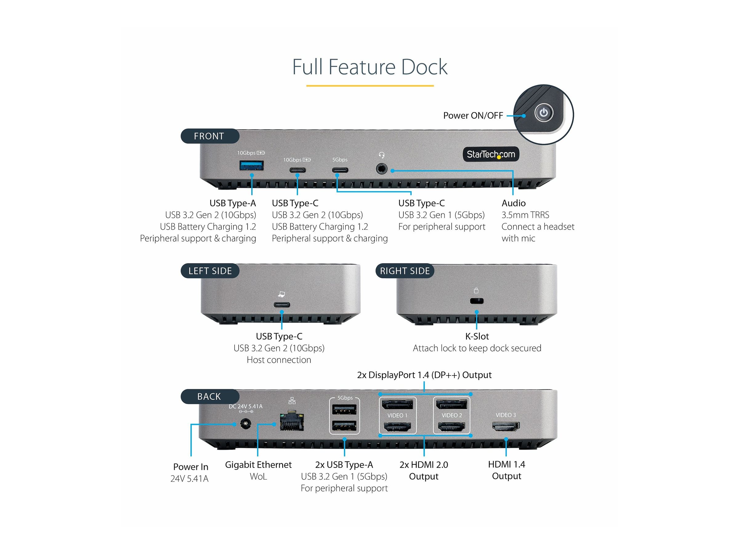 STARTECH.COM USB-C Triple Monitor Docking Station HDMI/DisplayPort 5-Port USB 3.2 Gen 2 Hub GbE 100W USB PD Universal Docking St