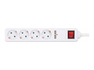 MANHATTAN 4-fach Steckdosenleiste mit 2 USB-Ladeports USB-A-Ports mit insgesamt 2,1 A Ausgangsleistung 2m Stromkabel 16 A weiss