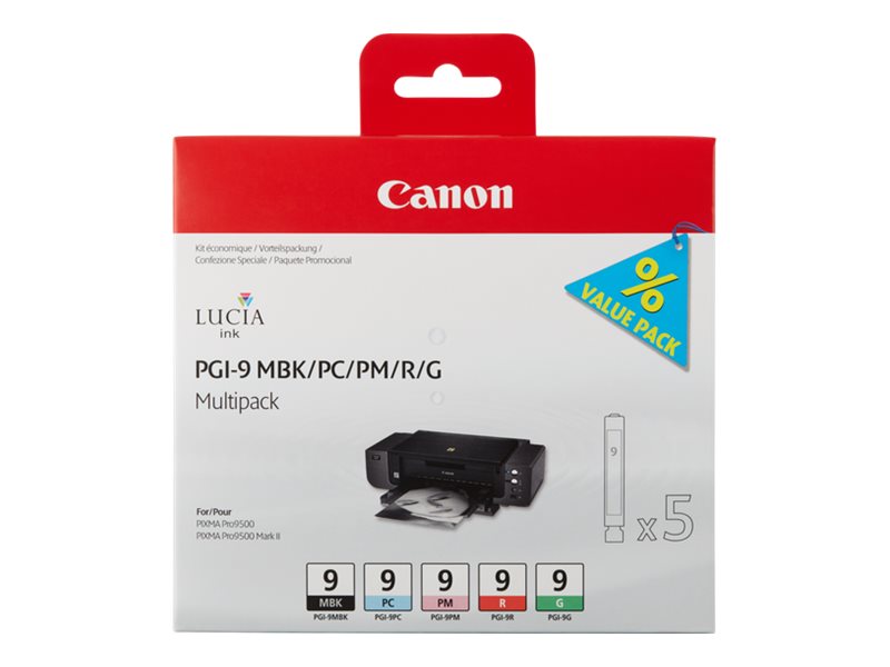 CANON PGI-9 MBK, PC, PM, R, G Tinte schwarz und vier Farben Standardkapazität combopack blister mit Alarm