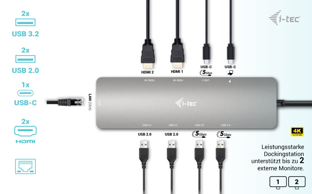 ITEC USBC Metal Nano Dock 2x HDMI 1x GLAN 2x USB 32 2x USB 20 1x USBC 32 Gen1 Data 1x USBC 100W PD