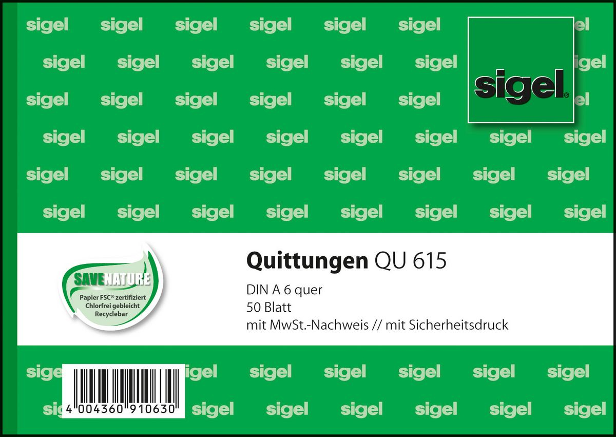 SIGEL Quittung, MwSt separat ausgewiesen Formularbuch QU615, 1 St