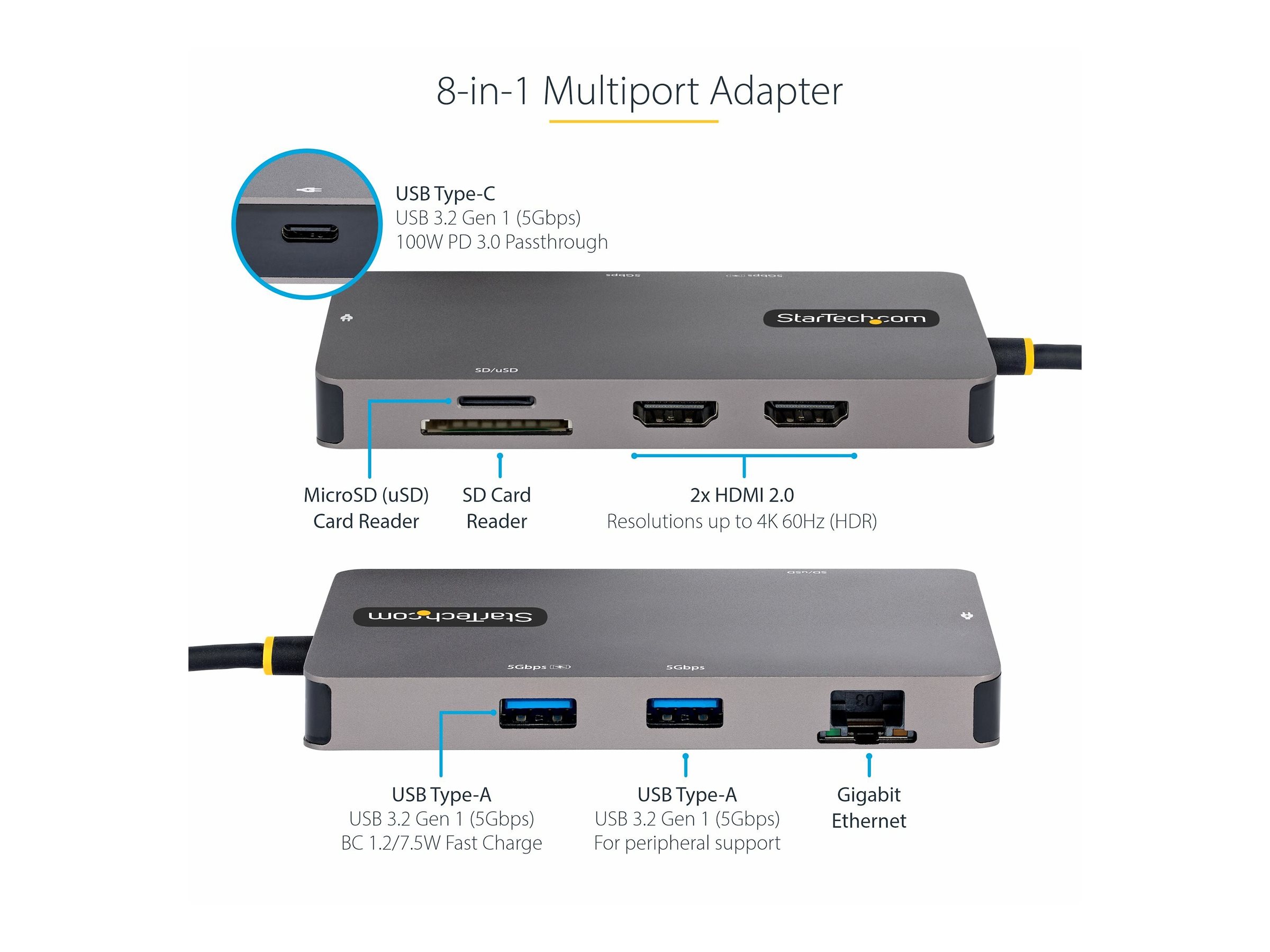 STARTECH.COM USB C Multiport Adapter Dual HDMI Video 4K 60Hz 2Pt 5Gbps USB-A Hub 100W PD GbE SD/MicroSD 12inch/30cm Cable