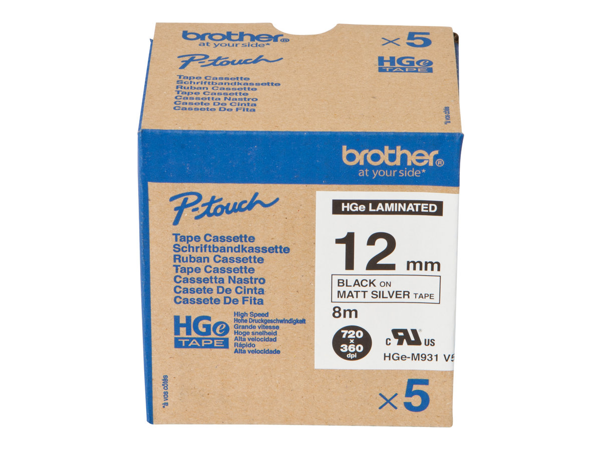 BROTHER HGEM931V5 5x tape cassette 12mmx8m silber matt black laminate for Ptouch P500PC 9700PC 9800PCN RL700S PK OF 5
