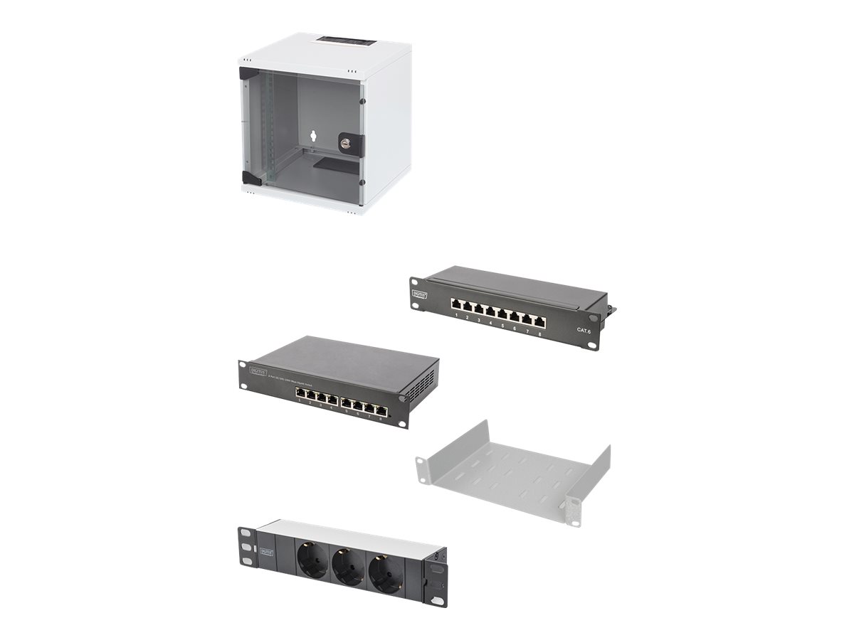 DIGITUS DN-10-SET-1 25,4cm 10Zoll Netzwerk Set inkl. 6HE Wandgehäuse Fachboden PDU 8-Port Switch CAT 6 Patch Panel
