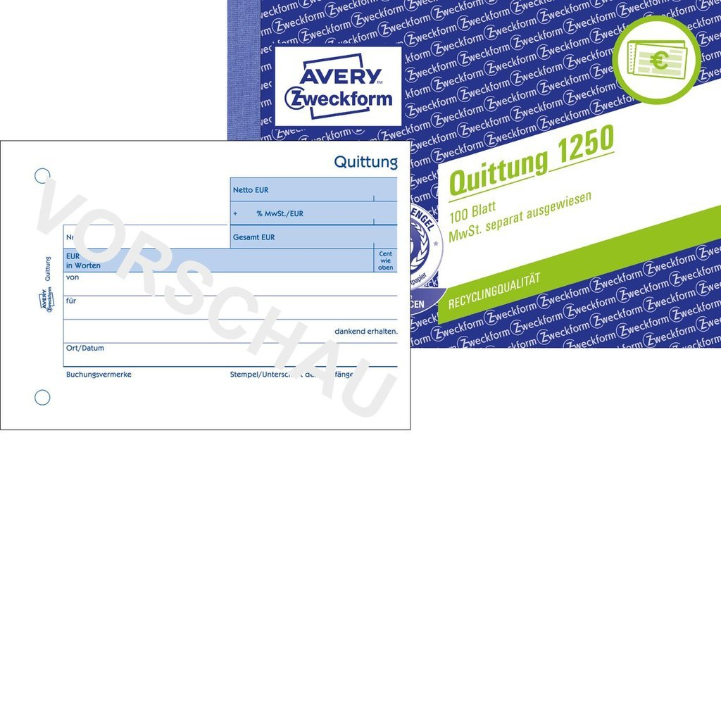 AVERY Zweckform Quittung, MwSt. separat ausgewiesen Formularbuch 1250