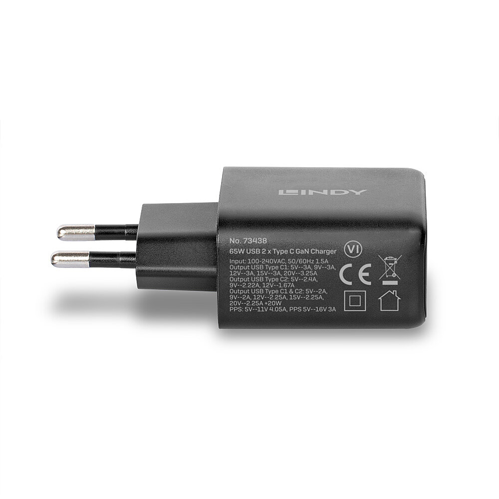 LINDY 65W USB 2 x Type C GaN Charger mit EUStecker