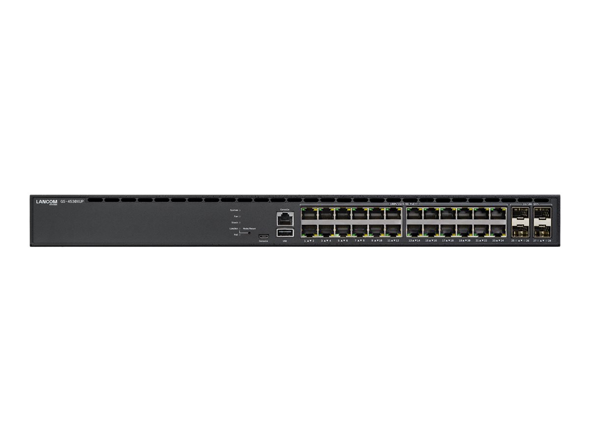 LANCOM GS-4530XUP Stackable L3-Managed Multi-Gig POE++ Access Switch 24x 2.5 GE PoE++ 802.3bt Typ 4 4x SFP+- 2x QSFP+-FleX-Ports LANCOM GS-4530XUP Stackable L3-Managed Multi-Gig POE++ Access Switch 24x 2.5 GE PoE++ 802.3bt Typ 4 4x SFP+- 2x QSFP+-FleX-Ports